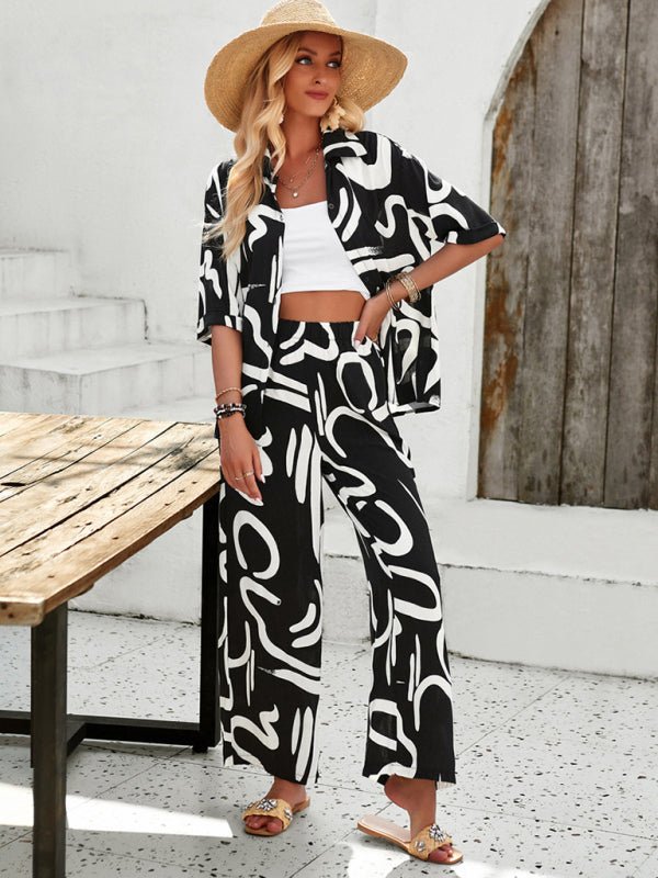 New women's casual fashion printed lapel short - sleeved shirt and trousers vacation suit - Pant Suit